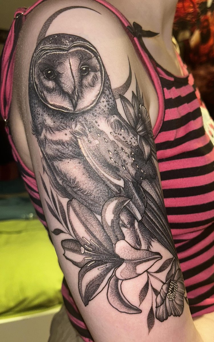 Photo of the tattoo titled First Barn Owl and Family Flowers