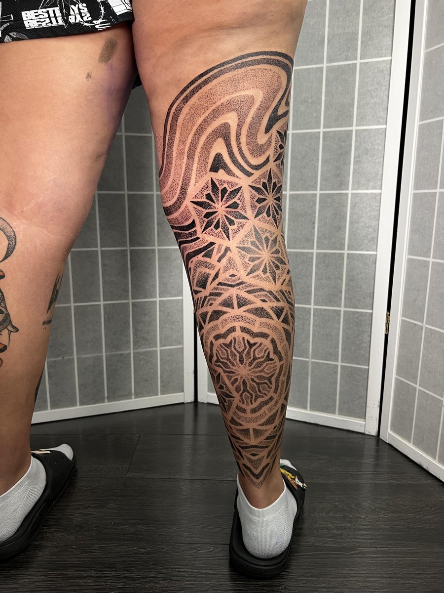 Photo of the tattoo titled Geometric Leg Sleeve in Progress