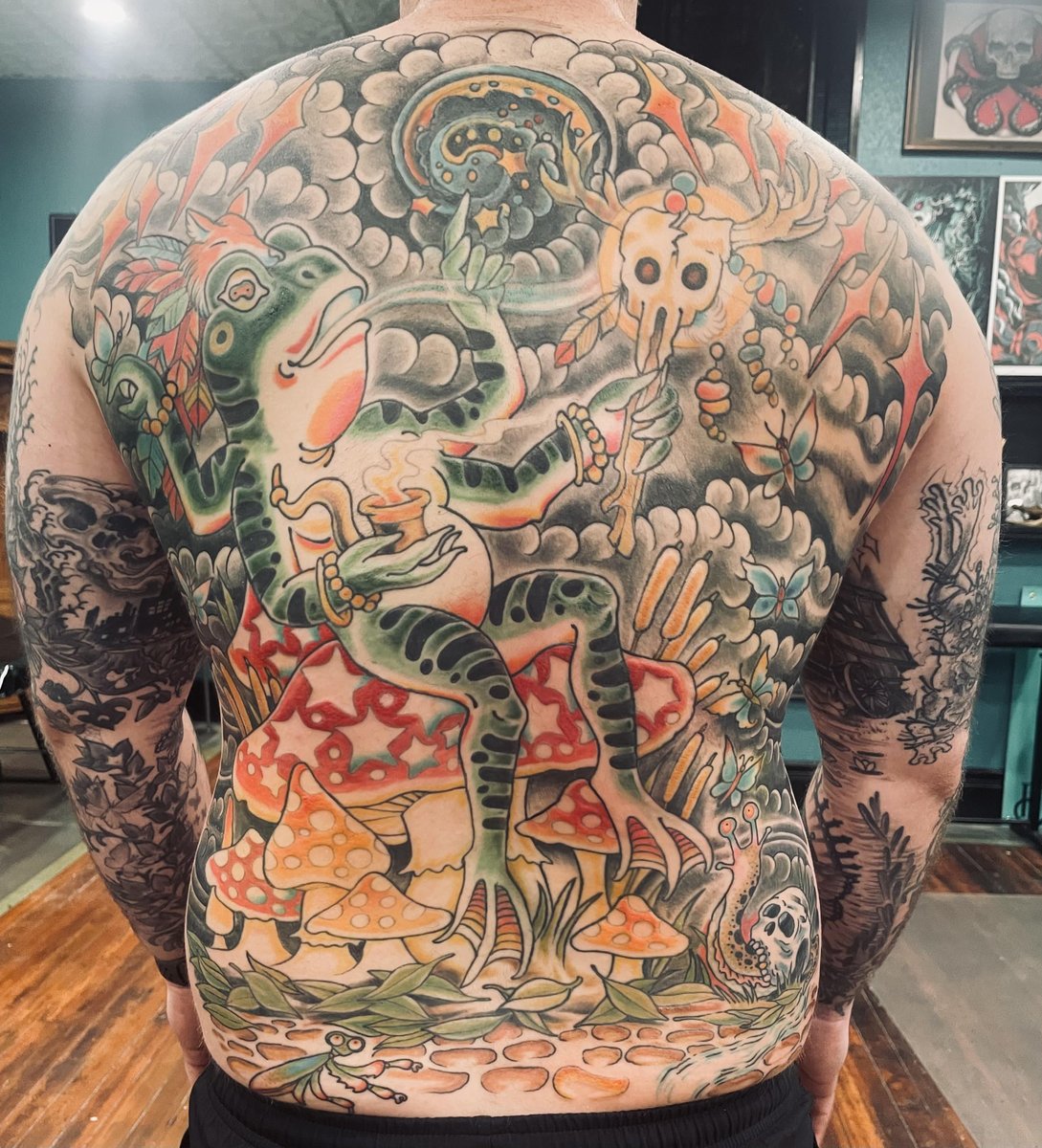 Photo of the tattoo titled Frog Shaman Back Piece Cover-Up