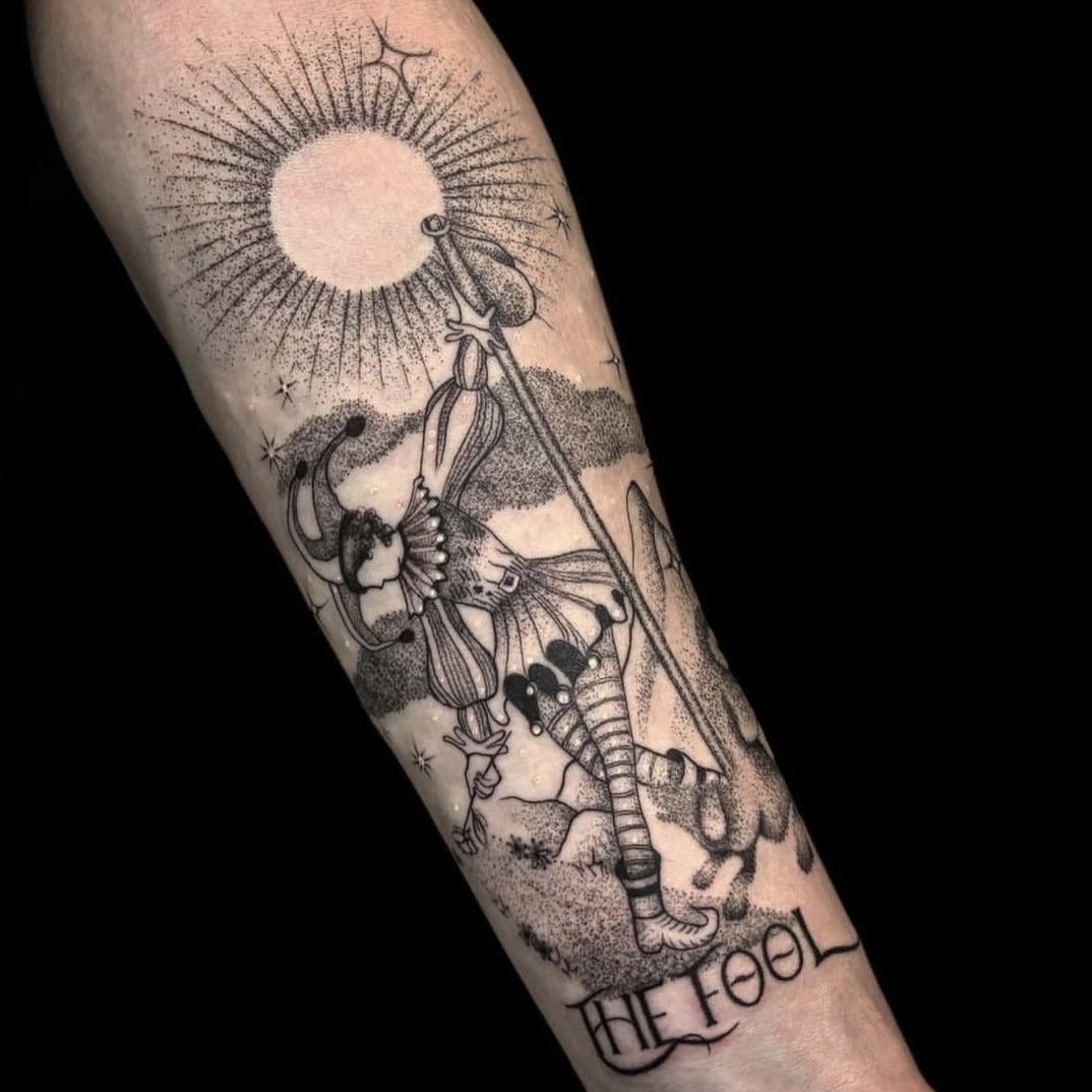 Photo of the tattoo titled My Fool Tarot Card Journey
