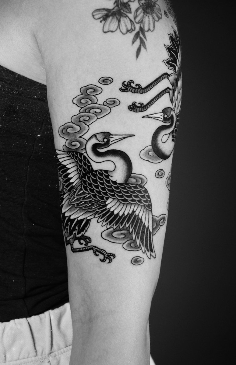 Photo of the tattoo titled Flying Cranes Shoulder Piece