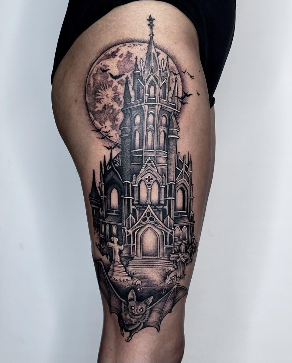 Photo of the tattoo titled Haunted Castle Ink