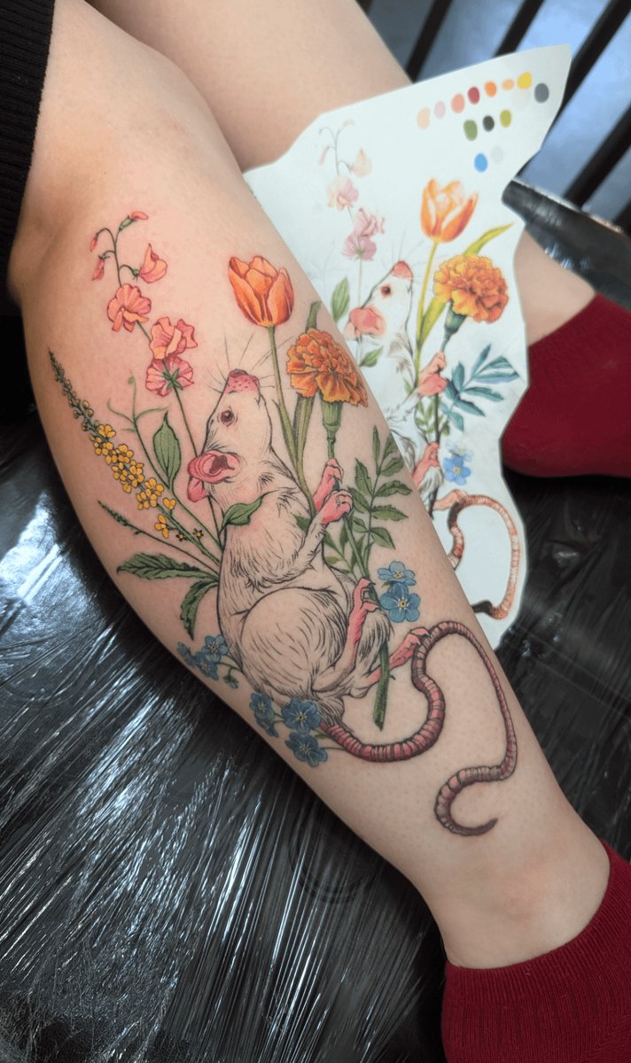 Photo of the tattoo titled Loved Rat and Wildflowers