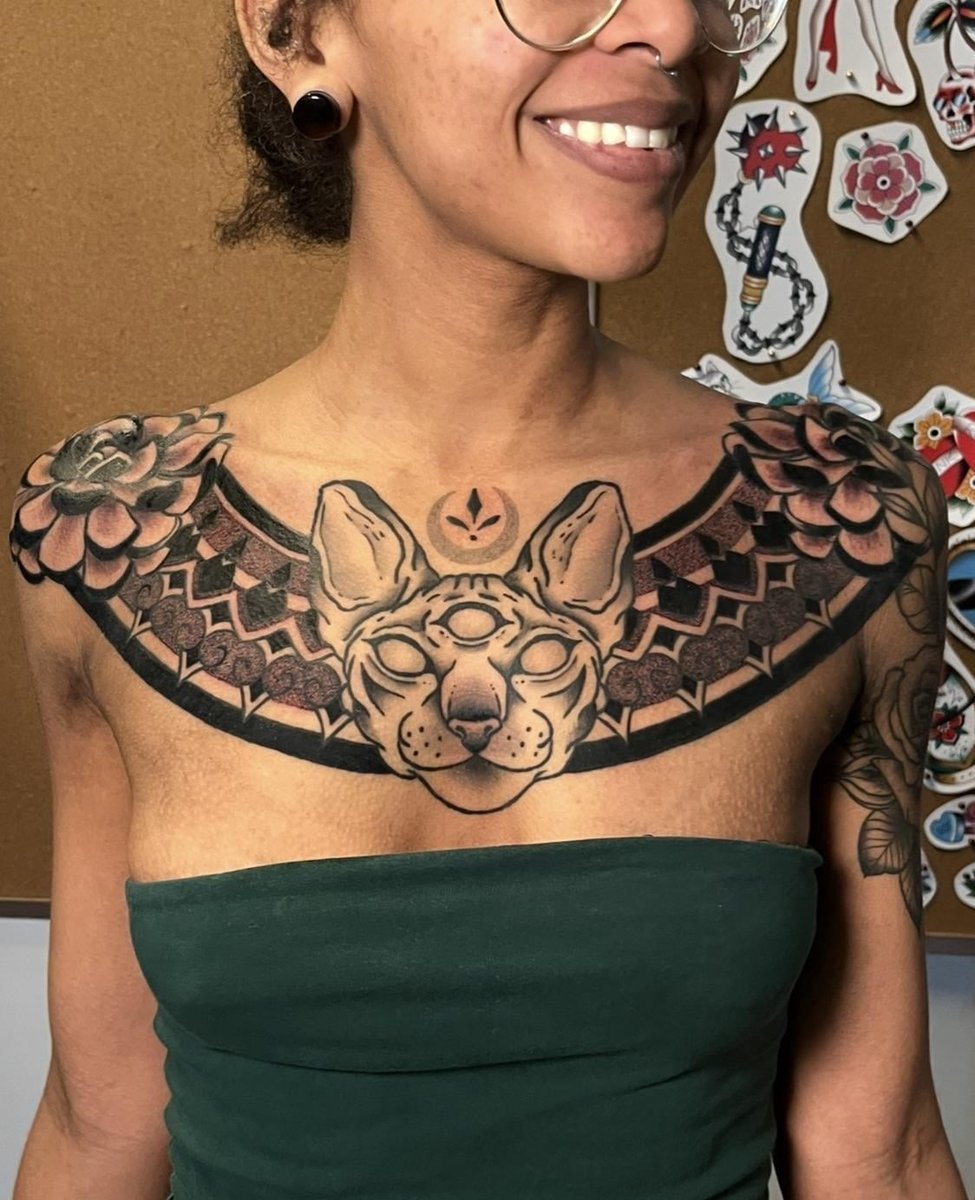 Photo of the tattoo titled Healed Chest Piece: Moon and Cat