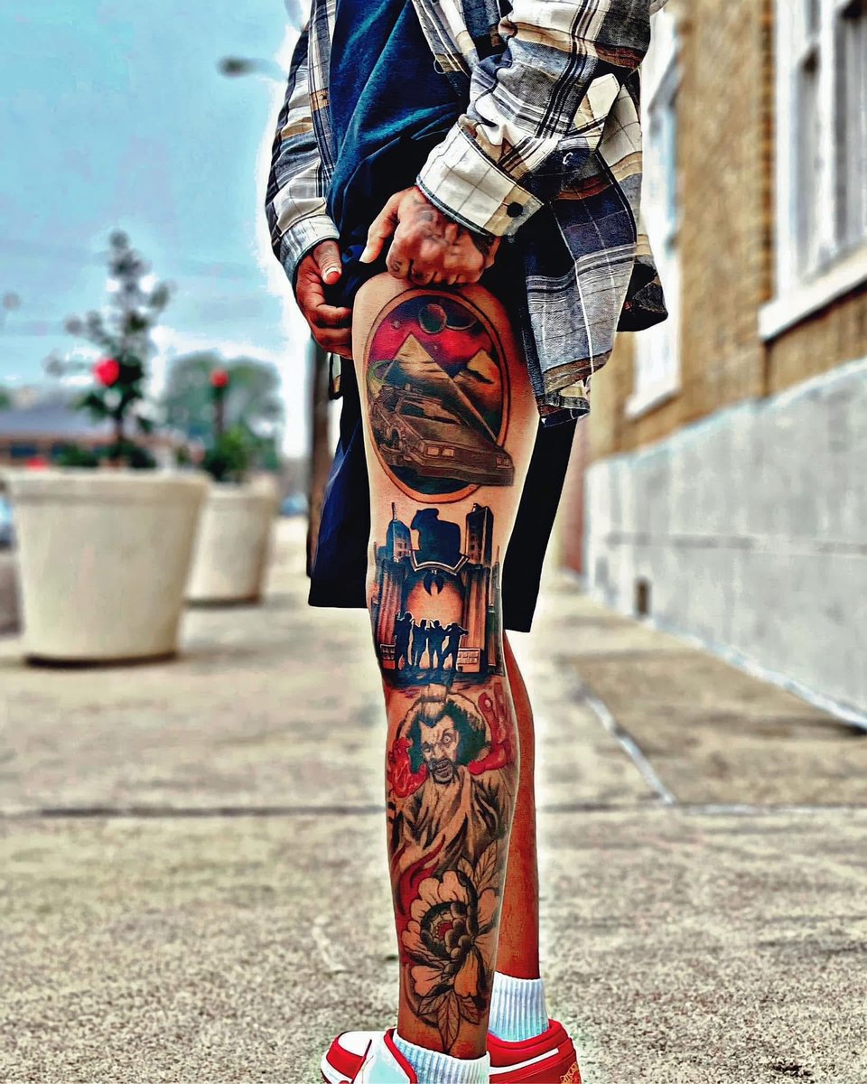 Photo of the tattoo titled Nostalgic 80s Movie Leg Sleeve