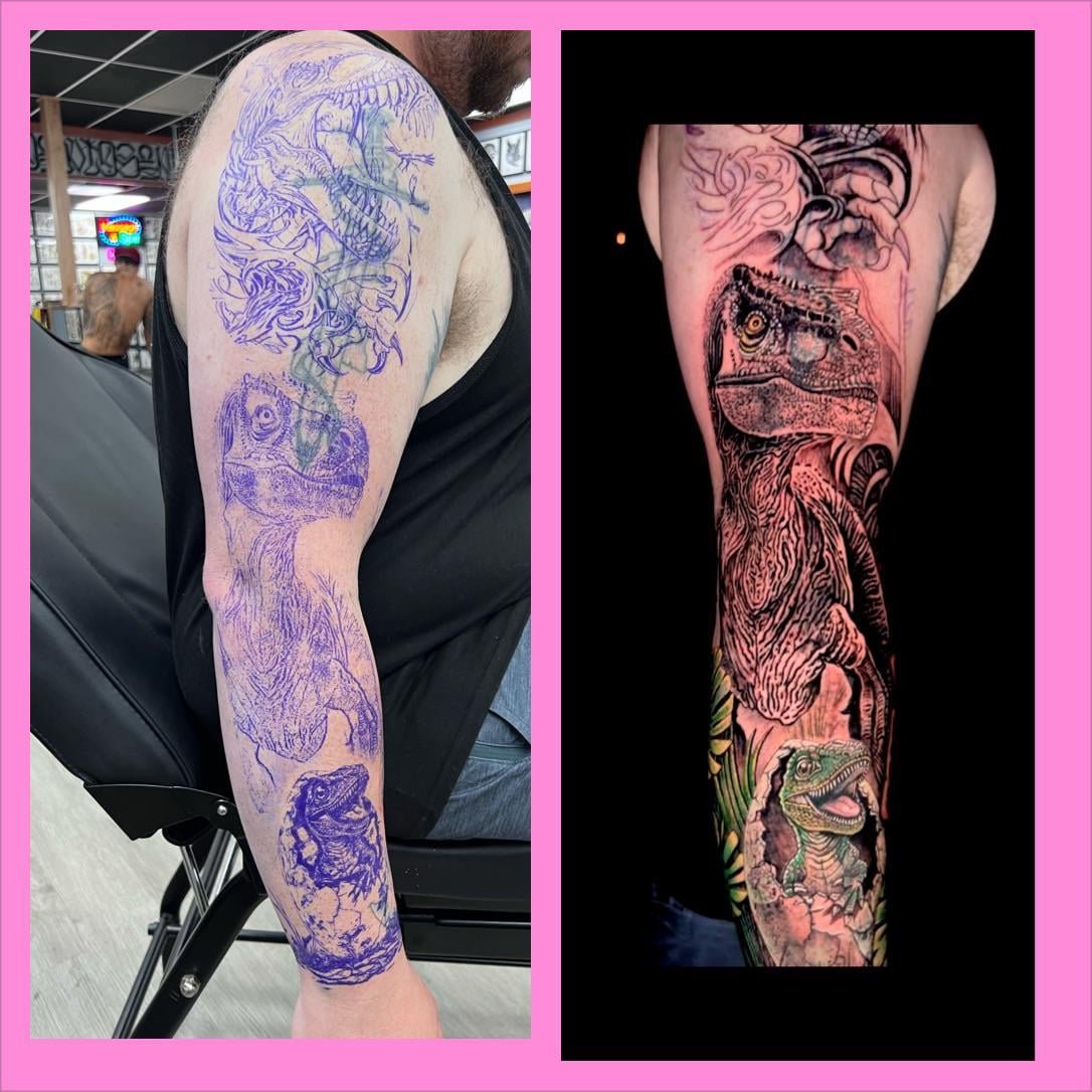 Photo of the tattoo titled Jurassic Park Sleeve Cover-Up Progress