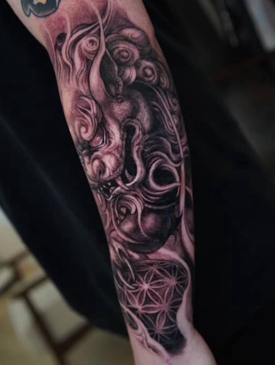 Photo of the tattoo titled New Fu Dog with Freehand Elements