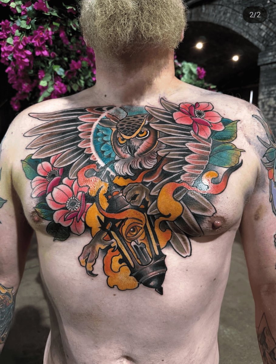 Photo of the tattoo titled Neo Trad Owl and Lantern Triumph