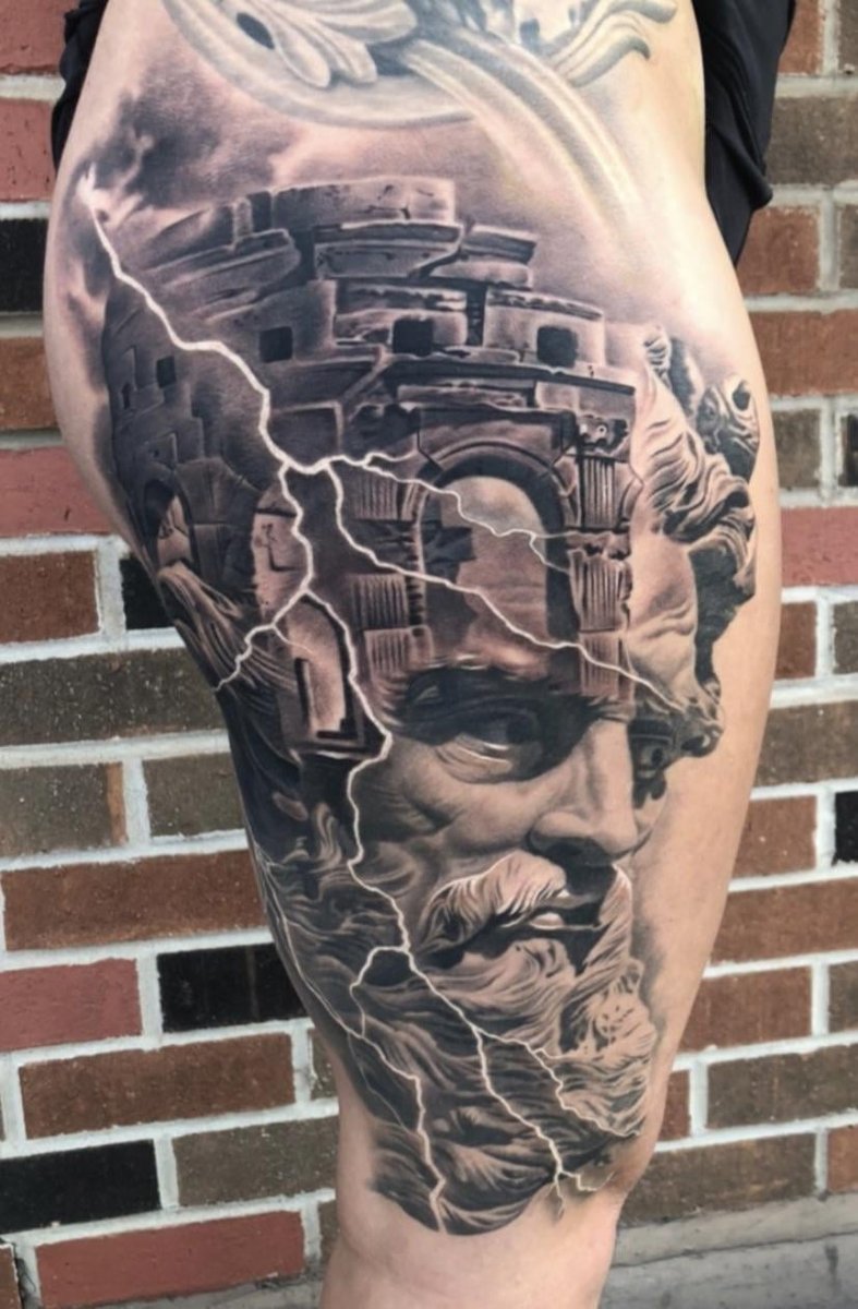 Photo of the tattoo titled Greek Leg Sleeve Begins