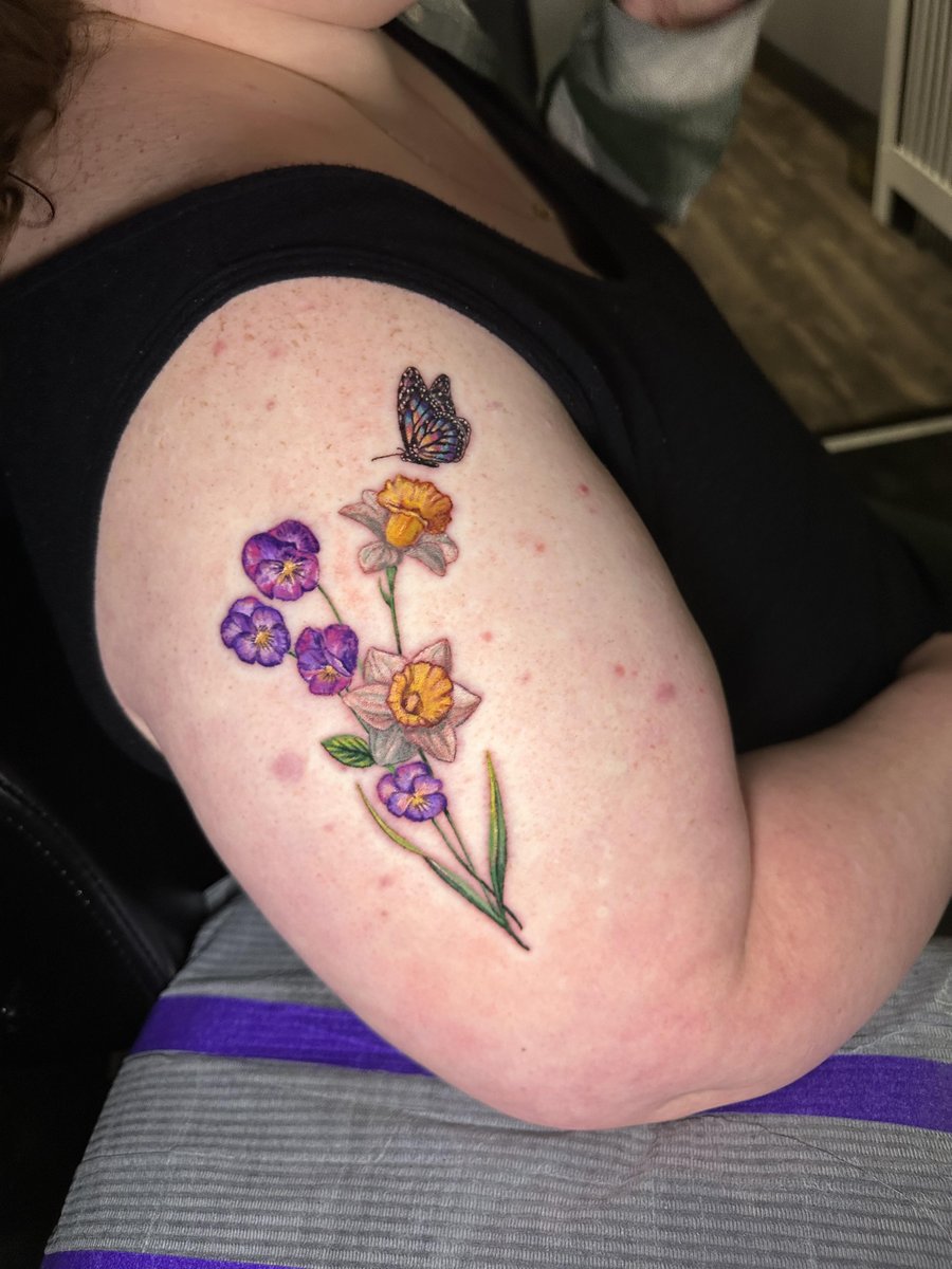 Photo of the tattoo titled Matching Birth Flowers and Butterfly