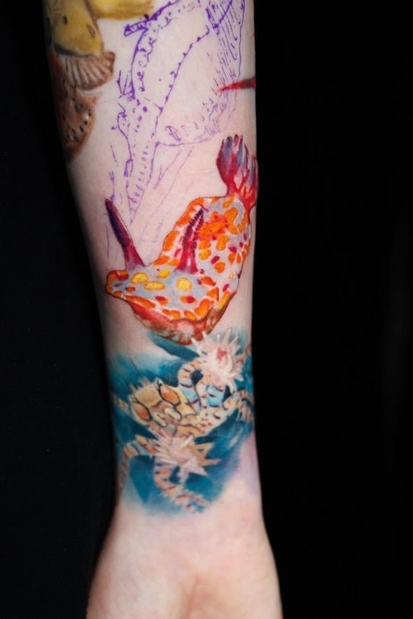 Photo of the tattoo titled Nudibranch Addition to Marine Sleeve