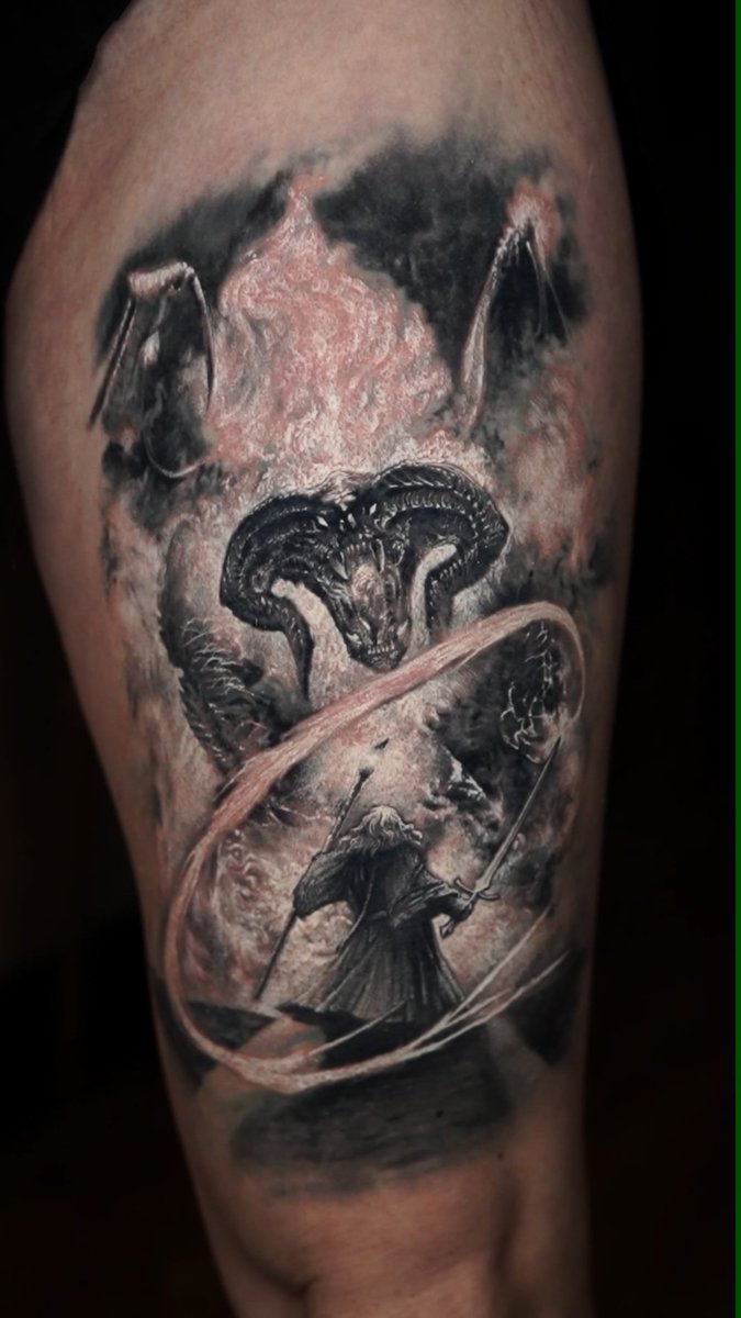 Photo of the tattoo titled Gandalf's Balrog Confrontation