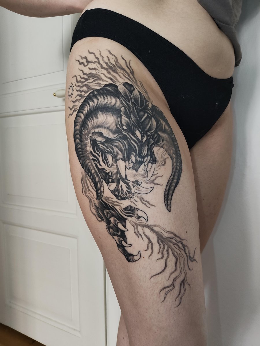 Photo of the tattoo titled Balrog Thigh Tattoo Healed