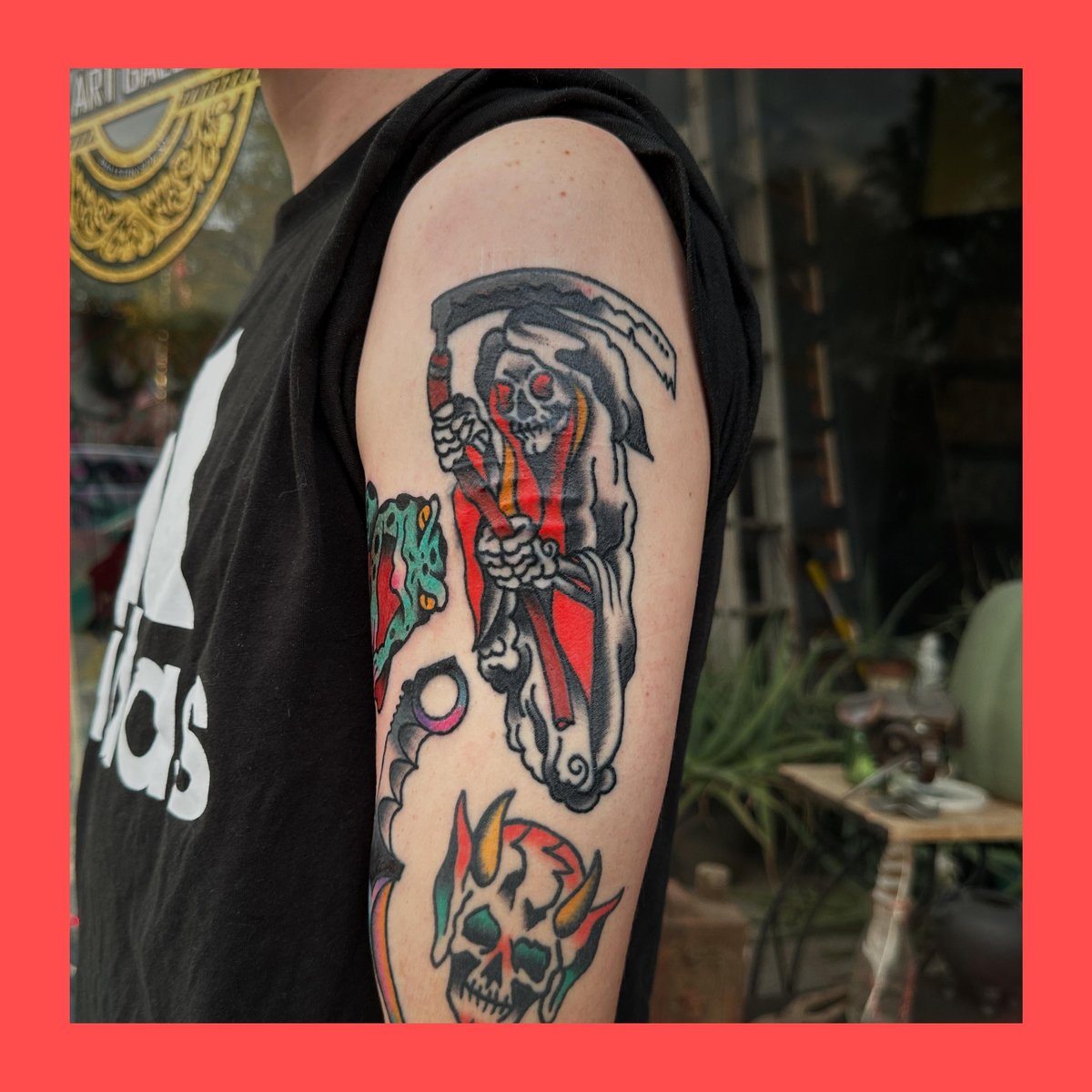 Photo of the tattoo titled Reaper and Froggy Birthday Ink