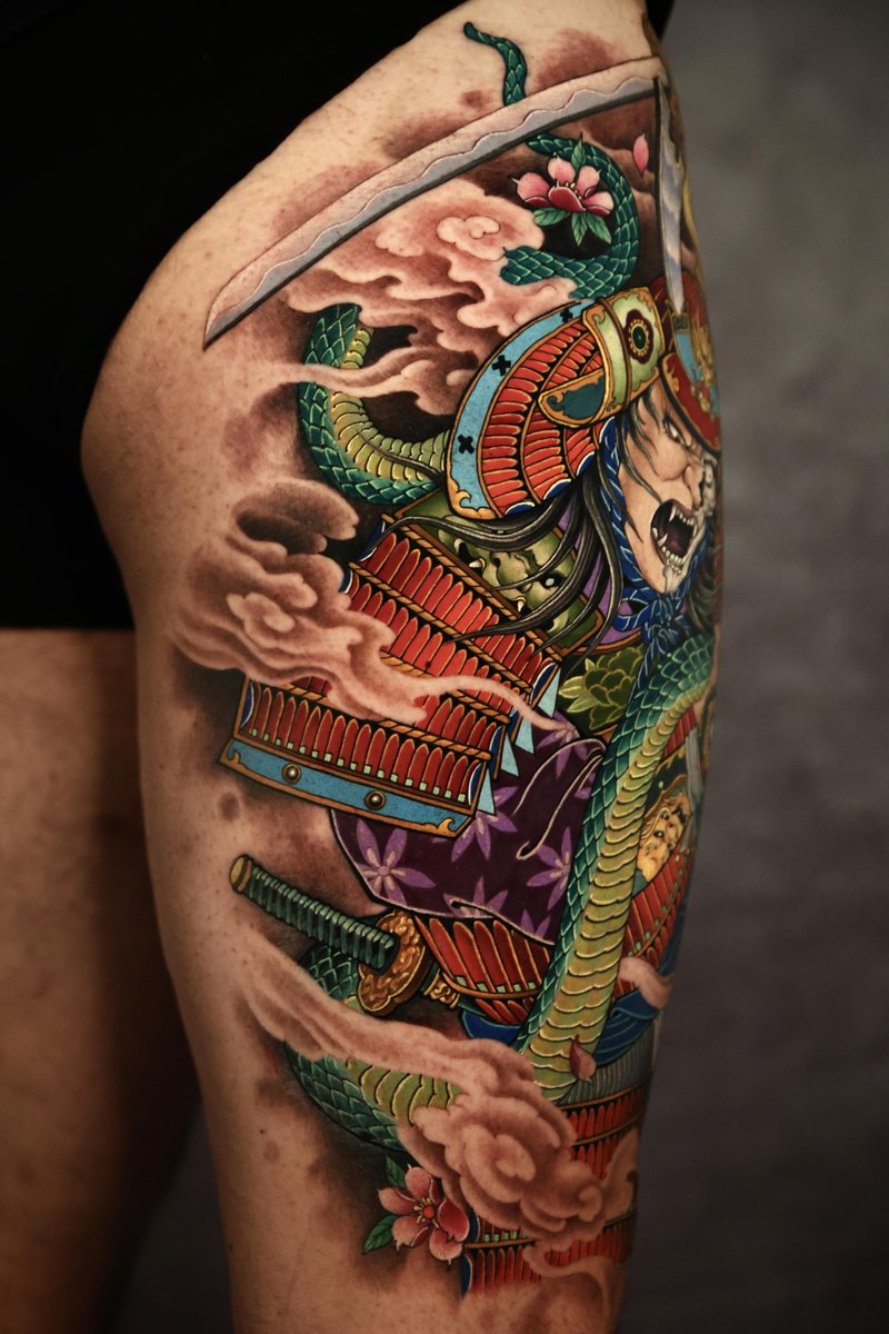 Photo of the tattoo titled Skull Samurai vs. Snake