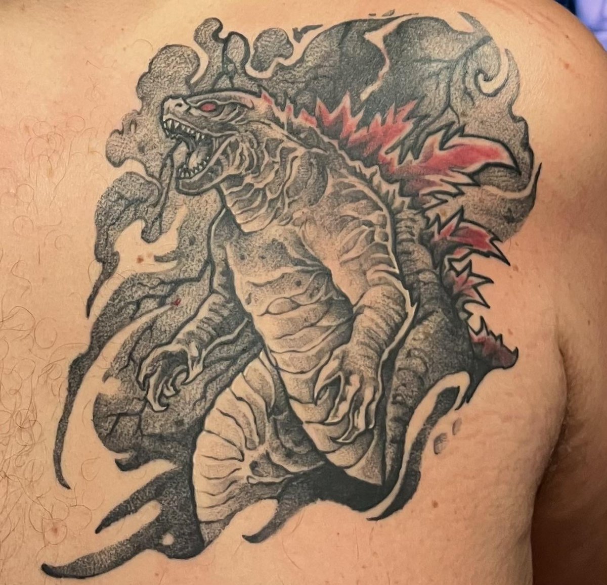 Photo of the tattoo titled Cover-up Tattoo - Godzilla Texture Concerns