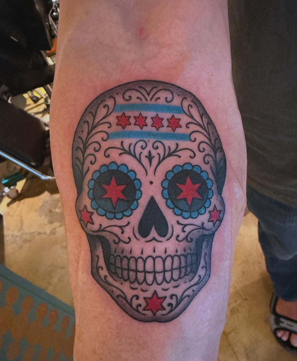 Photo of the tattoo titled Chicago Flag Sugar Skull