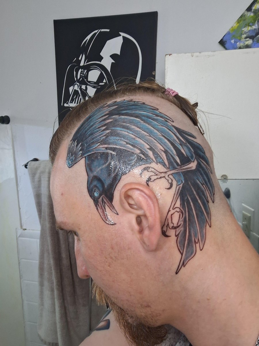 Photo of the tattoo titled Raven Headpiece Halfway Done