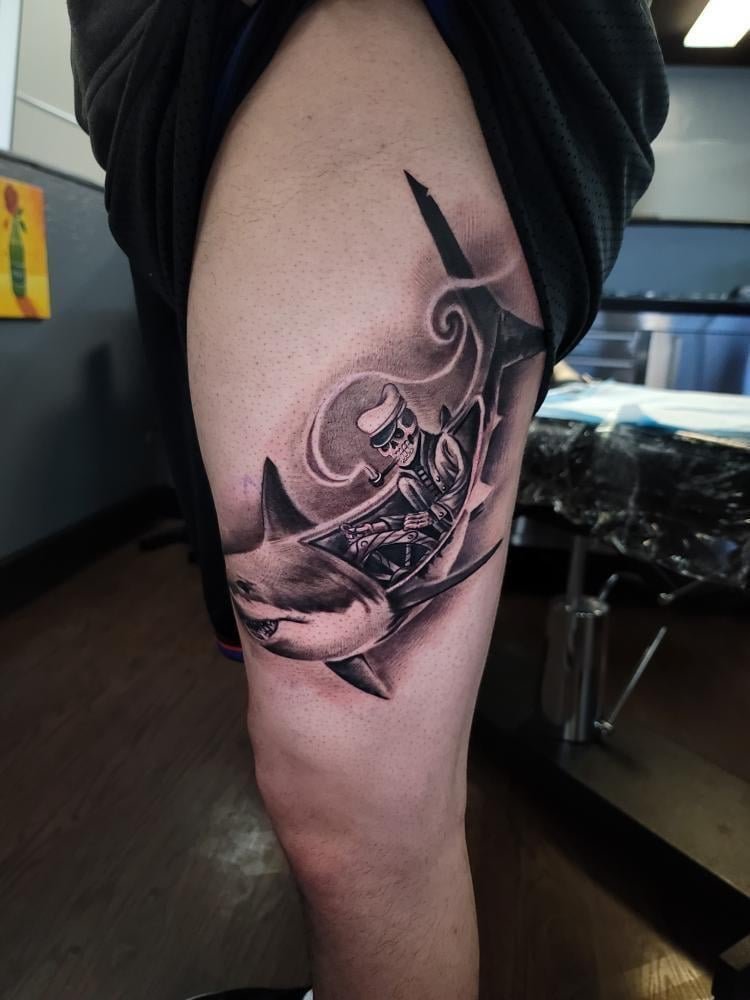 Photo of the tattoo titled American Traditional Shark Twist